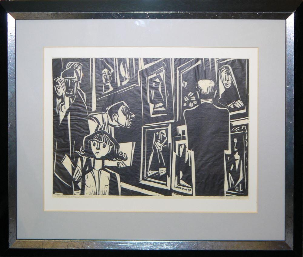 Otto Laible comparable auction result: otto laible ausstellungsbesucher 1950 linolschnitt um 1950 atelierrahmen