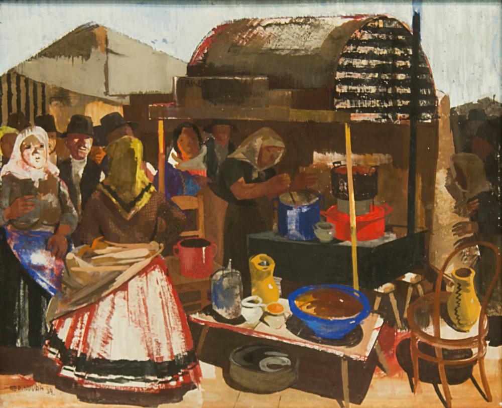 Aba-Novák Vilmos (1894-1941): Cook's stall at fair in Szolnok, 1934 comparable sale