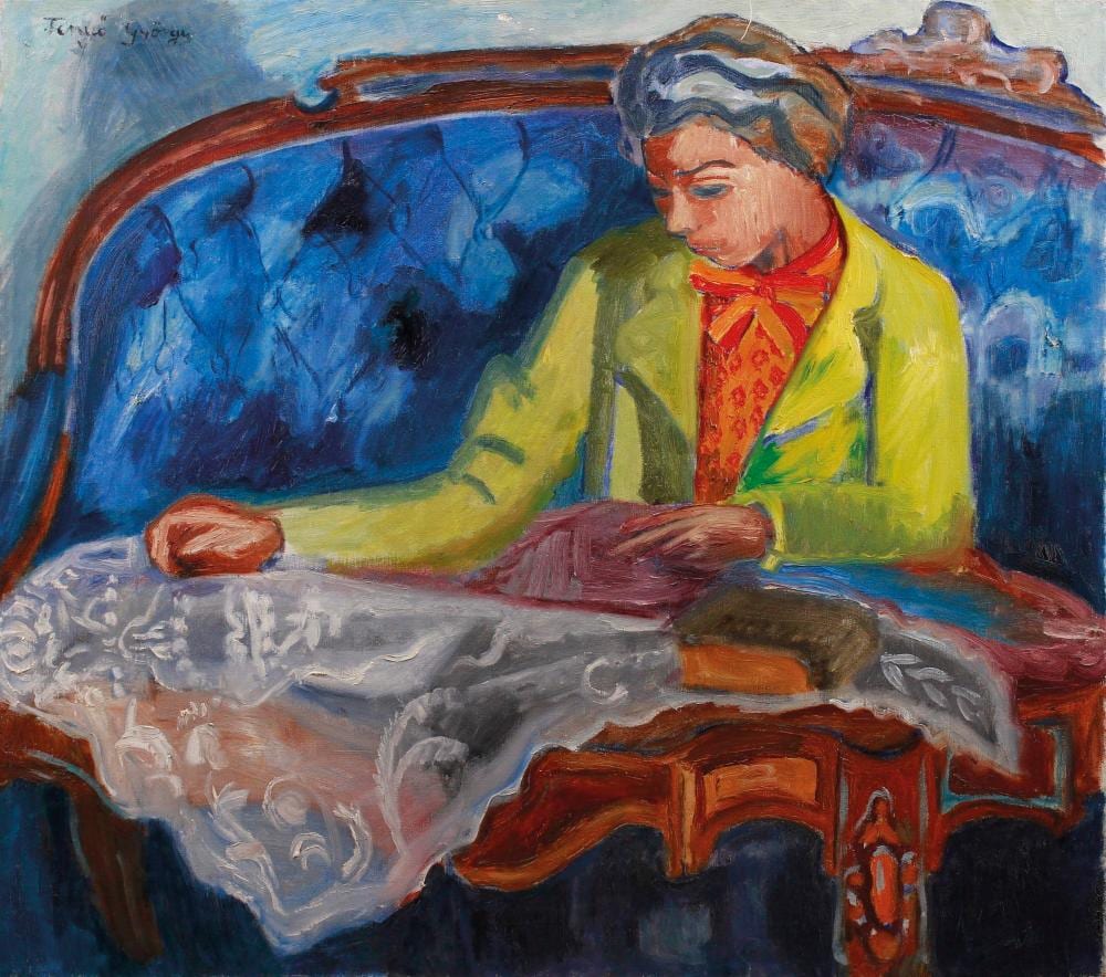 Fenyő György (1904-1978): Woman in yellow dress on sofa comparable sale
