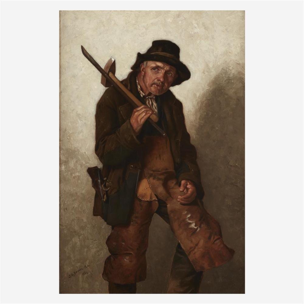 Portrait painting of an older man in a dark hat holding a long rifle, with a hand resting on his knee against a muted background.
