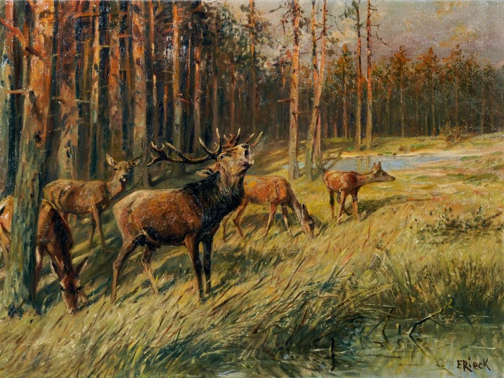 Emil Rieck comparable auction result: emil rieck waldlichtung mit rothirsch und hirschkuehen early 20th cent