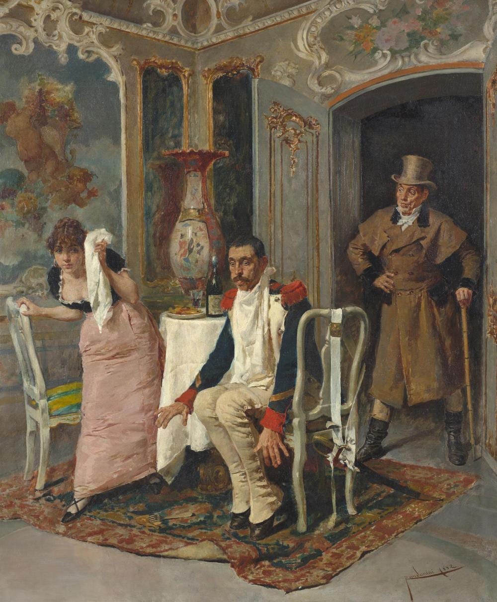 Carlo Randanini comparable auction result: carlo randanini italian 19th century the rendezvous 1882 oil on canvas on board