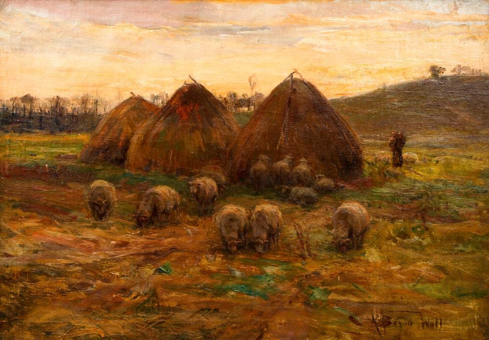 A. Bryan Wall comparable auction result: a bryan wall oil sheep grazing among the haystacks