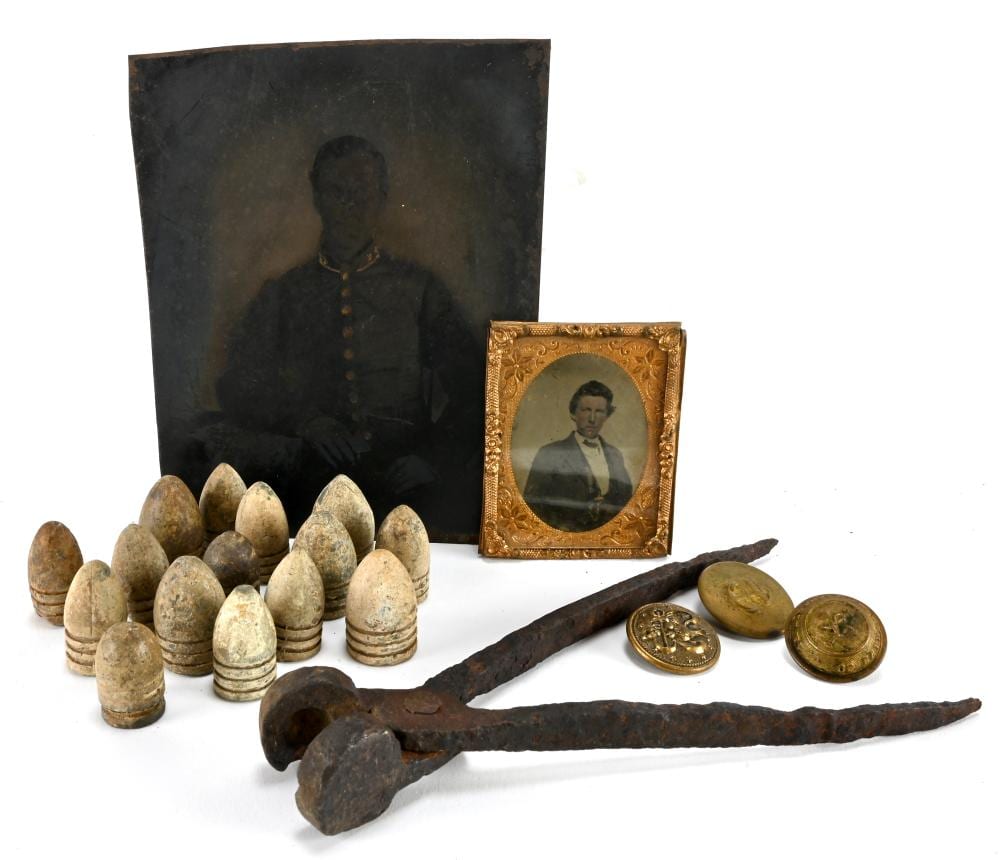 Original Civil War Tintype Buttons Bullet Mold Collection sold by Mebane Antique Auction, lot 280 — auction record photograph