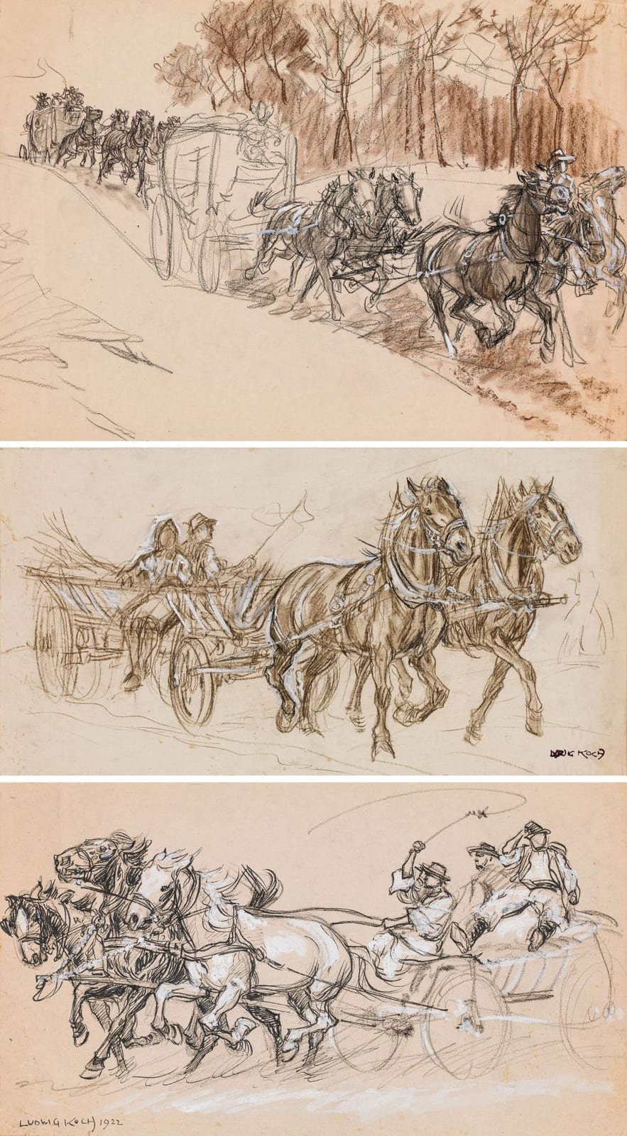 Ludwig (1866) Koch comparable auction result: ludwig koch mixed lot of 3 pieces horse drawn carriages