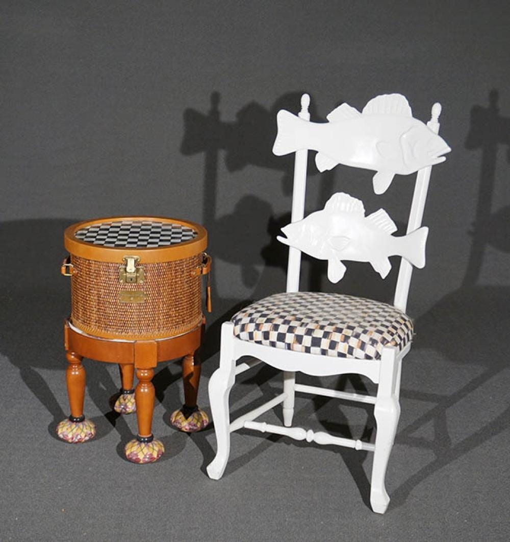 MacKenzie-Childs Stained, Painted and Decorated Wicker Storage Box on Stand and a White Painted 'Fish' Side Chair sold by Weschler's, lot 33 — auction record photograph