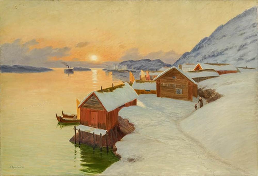 Johannes Martin Grimelund comparable auction result: johannes martin grimelund norwegian 1842 1917 sunset winter landscape oil on canvas 35 x 50 inches