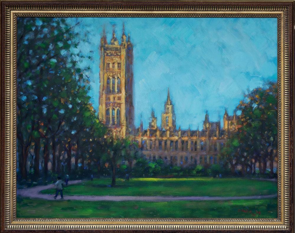 John Mackie comparable auction result: john mackie scottish b 1953 evening gold london parliament square oil on canvas signed and dated 20 14 lower right