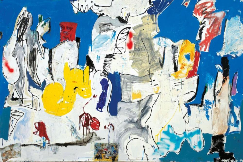 Eddie Martinez (B. 1977) Island I oil, enamel, spray paint, collage and thu comparable sale