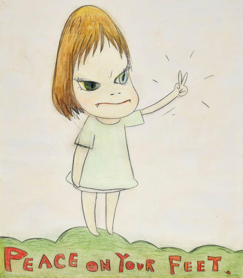 Yoshitomo Nara (B. 1959) PEACE ON YOUR FEET coloured pencil and acrylic on comparable sale