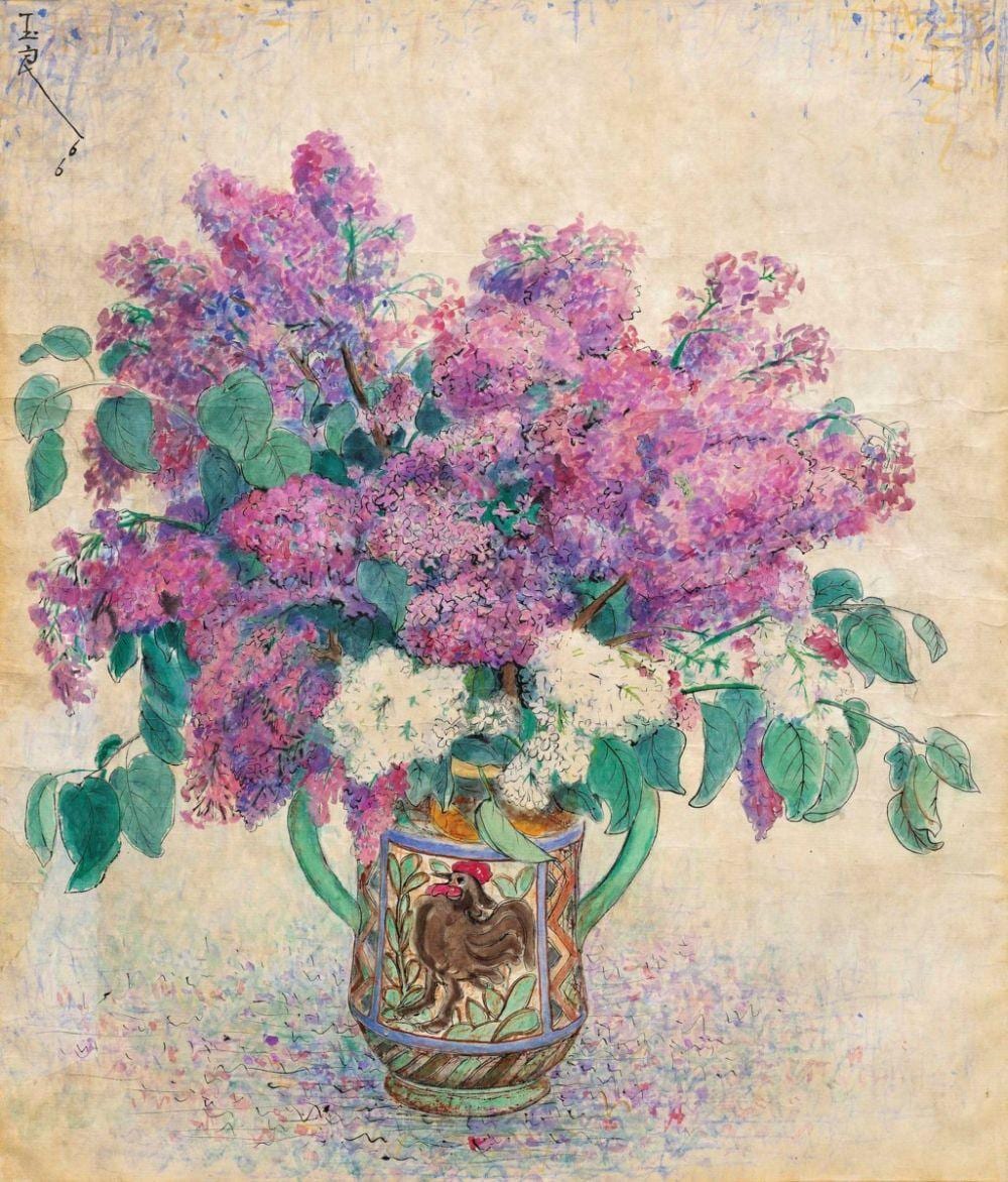 Pan Yuliang (1895-1977) Lilacs ink and watercolour on paper 66.5 x 56.5 cm. comparable sale