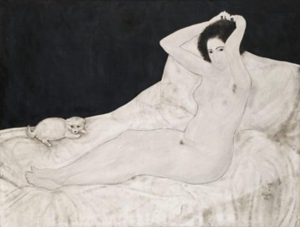Leonard Tsuguharu Foujita (1886-1968) Nu sur un lit, avec un chien (Reclini comparable sale