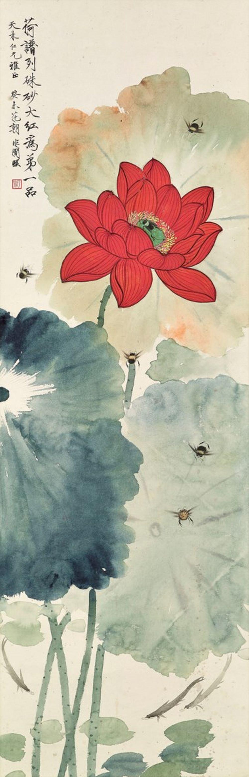 Yu Fei'An (1888-1959) - Red Lotus and Bee comparable sale
