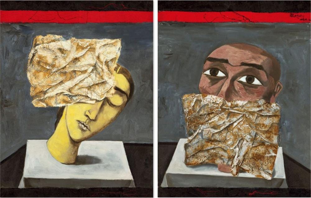 Zhang Xiaogang (B. 1958) Duplicated Space No.1 oil, collage, thread on canv comparable sale