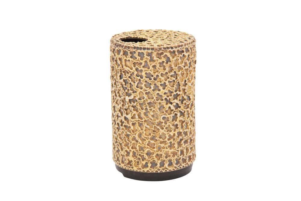 Modern cylindrical metal table lighter with a perforated, lattice-like surface finish in gold and dark tones.