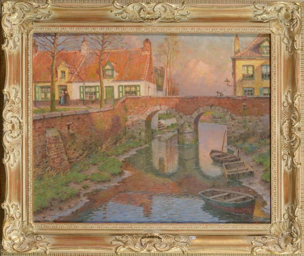 Emmanuel Viérin comparable auction result: huile sur toile rivi re traversant un village en flandres sign en bas gauche emm vi rin ecol