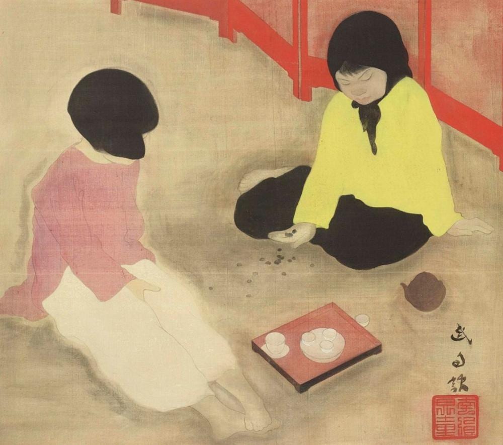 Vu Cao Dam (1908-2000) Le thé (Tea) ink and gouache on silk mounted on boar comparable sale