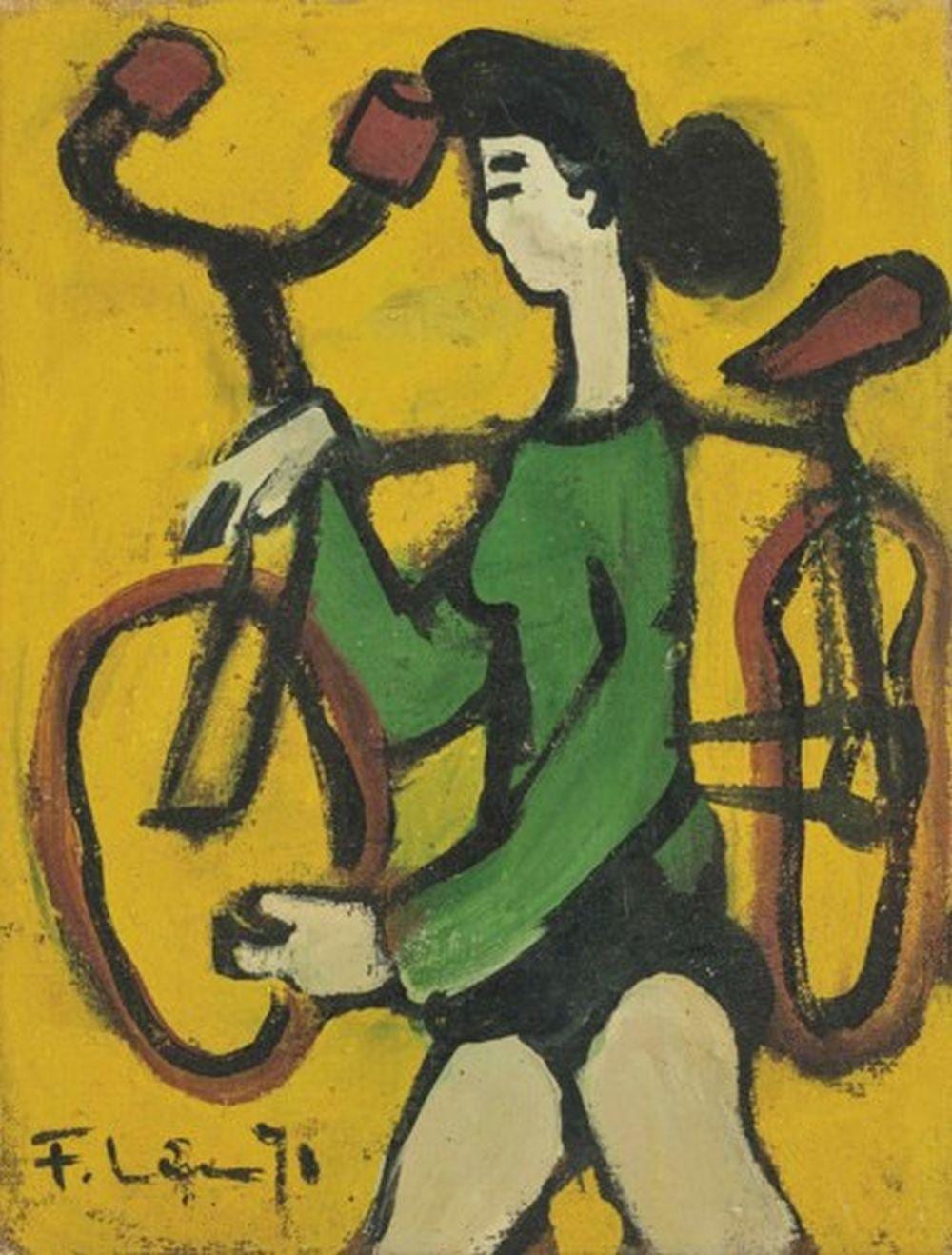 Pham Luc comparable auction result: pham luc b 1943 dame v lo lady with bicycle oil on rice bag textile
