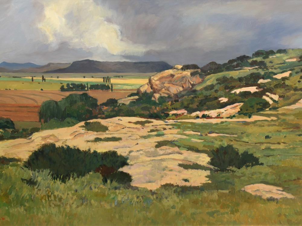 Eben van der Merwe comparable auction result: eben van der merwe sa born 1932 oil rainy day near ficksburg signed dated 91 titled verso 75 x 120