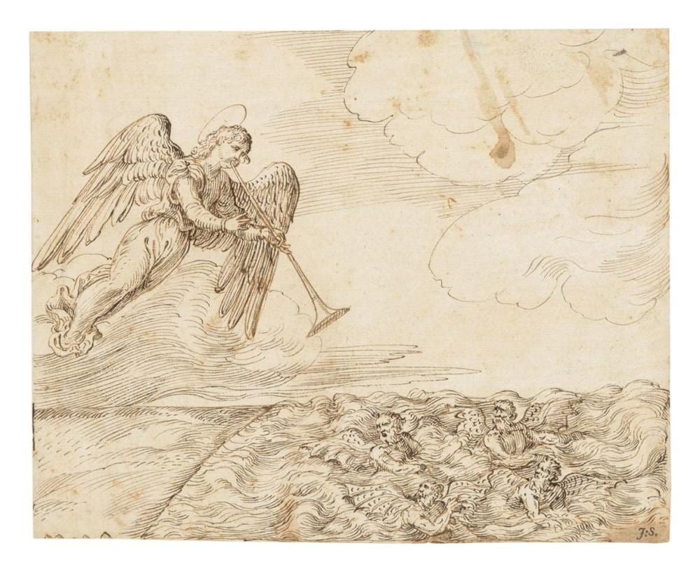 Domenico Campagnola comparable auction result: domenico campagnola padua 1500 1564 an angel blowing his trumpet at four