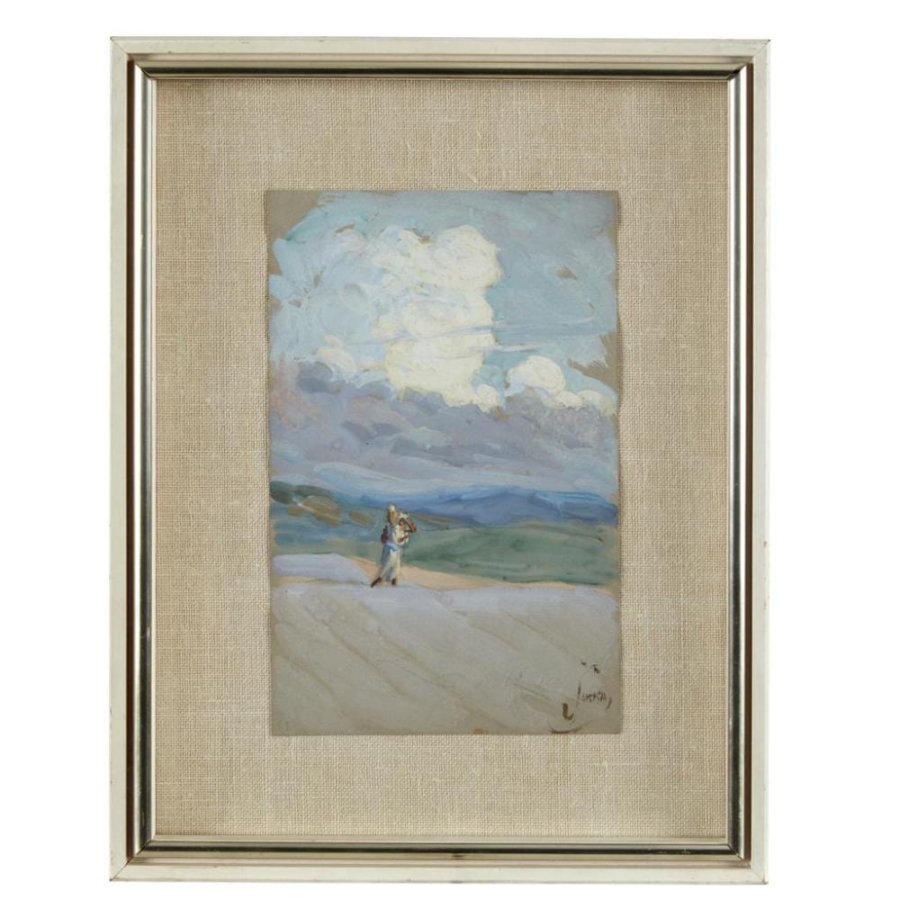 Framed watercolor and gouache painting of a figure carrying a container across pale dunes beneath clouds.