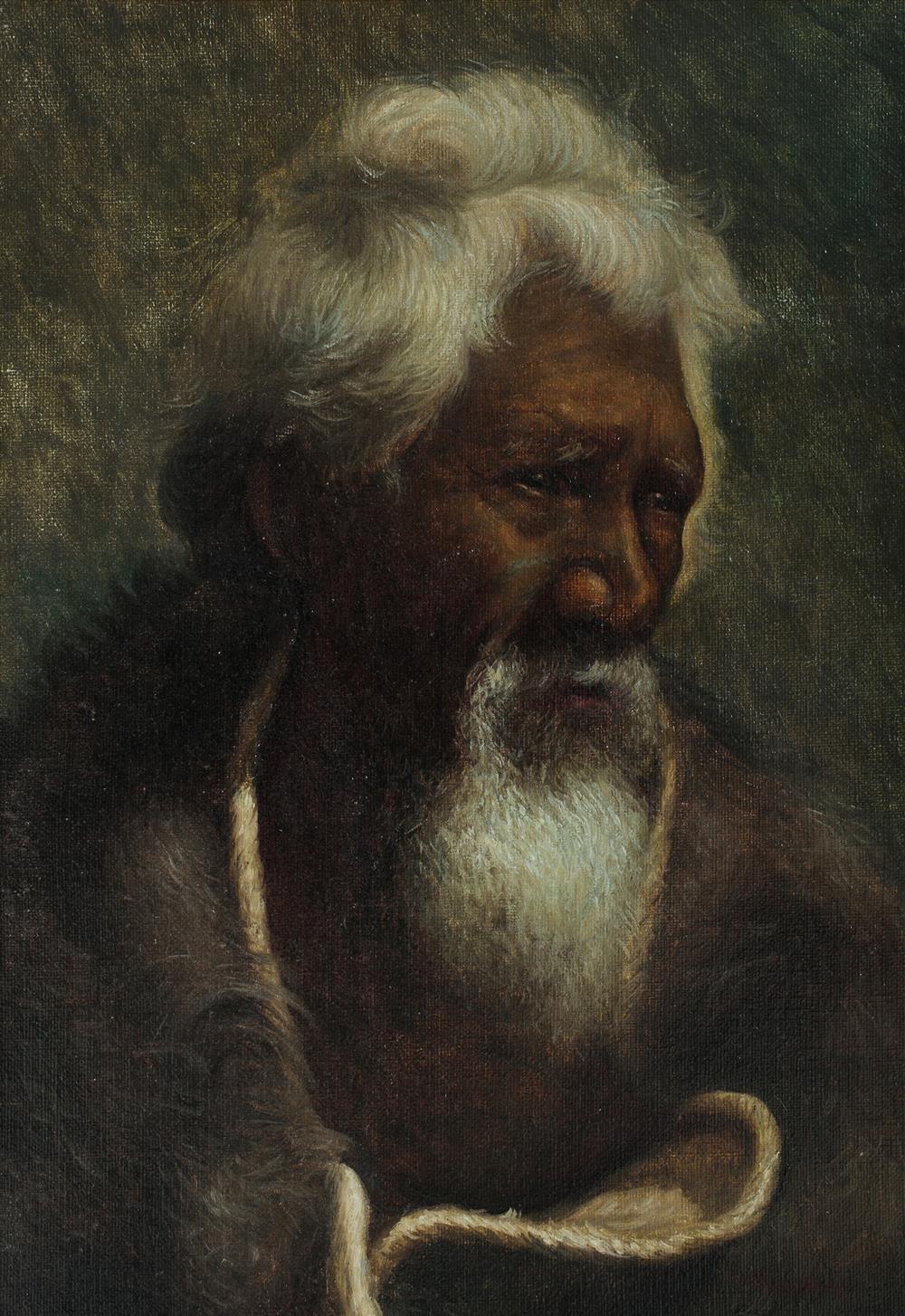 Portrait painting of an elderly man with gray hair and a full beard, seated and holding a book-like object against a dark background.