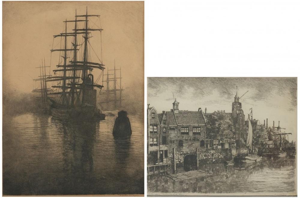 Antoon Derkzen van Angeren comparable auction result: antoon derkzen van angeren delft 1878 1961 bedford ca clippers bunkering and another etching depicting rotterdam by an unknown hand