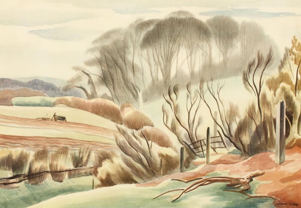 clifford webb 1895 1972 a farmer ploughing lithograph 10 x 14 and another in the manner of c r w nevins · John Nicholson's Fine Art Auctioneers & Valuers · 2020-12-07 Clifford Webb comparable auction result: clifford webb 1895 1972 a farmer ploughing lithograph 10 x 14 and another in the manner of c r w nevins