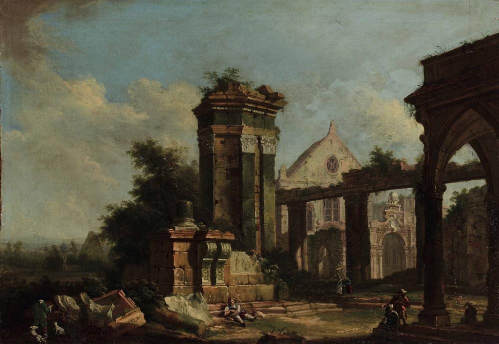 Bernardo Daddi comparable auction result: bernardo venezia 1721 varsavia 1780 e lorenzo bellotto venezia 1744 varsavia 1770 capriccio architettonico con rovine e personaggi