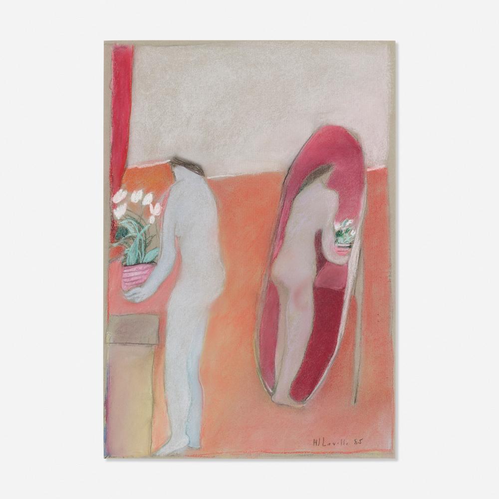 Joy Laville comparable auction result: joy laville woman placing bowl of flowers and oval mirror