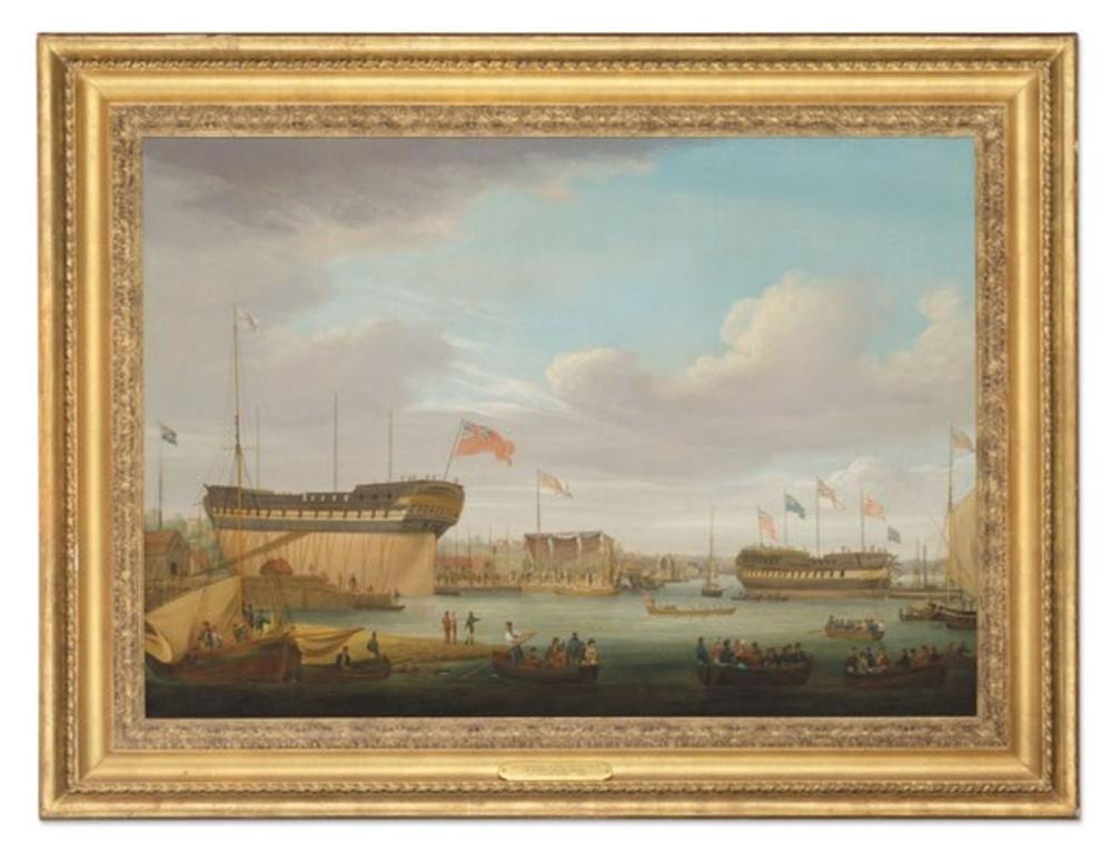John Lynn comparable auction result: john lynn british active 1826 1847 launching day at the east india dock blackwall on the thames