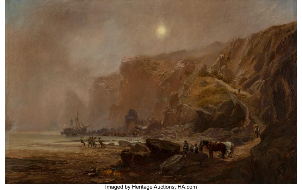 Clarence Roe comparable auction result: clarence roe british 1850 1909 the landing expedition oil on canvas 46 3 8 x