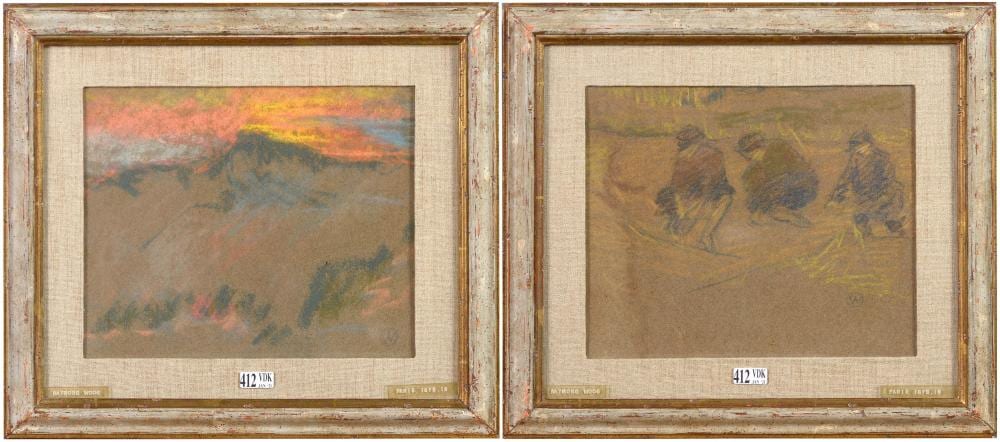 Raymond Woog comparable auction result: deux pastels sur papier brun dunes au coucher de soleil et les glaneuses