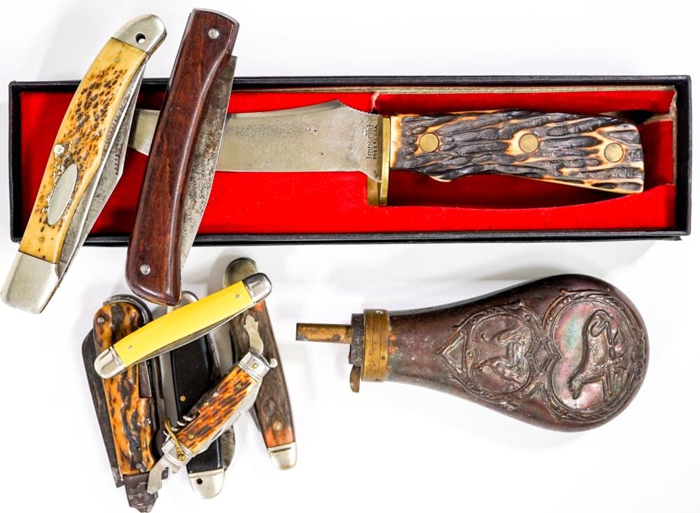 Vintage Hunting and Pocket Knives; Powder Flask sold by Grant Zahajko Auctions, LLC, lot 324 — auction record photograph