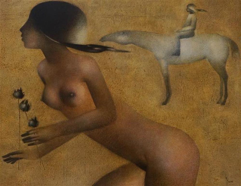Maurice Musin comparable auction result: maurice musin belgian b 1939 ne et enfant cavalier oil on panel 37 x 49 inches