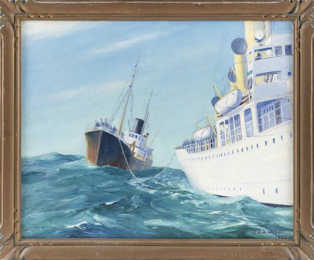 Charles J. A. Wilson comparable auction result: charles j a wilson massachusetts scotland 1880 1965 a passenger liner towing a merchant steamer oil on board 16 x 20 fram