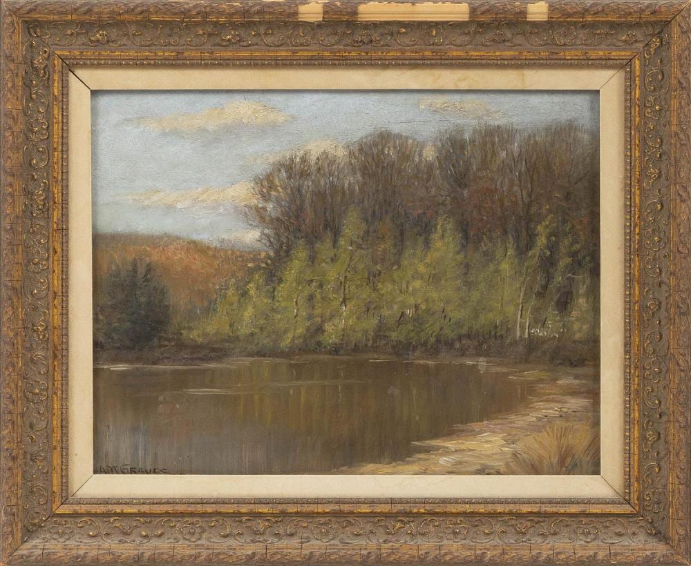 Albert Melville Graves comparable auction result: albert melville graves massachusetts 1862 1950 lakeside forest scene oil on board 9 x 11 75 framed 12 75 x 15 5