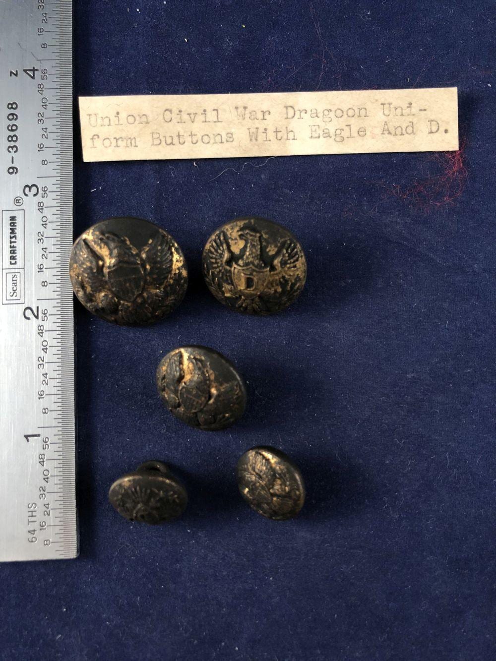 UNION CIVIL WAR DRAGOON UNIFORM BUTTONS WITH EAGLE & D. sold by Mike Nichols Auctions, lot 209 — auction record photograph