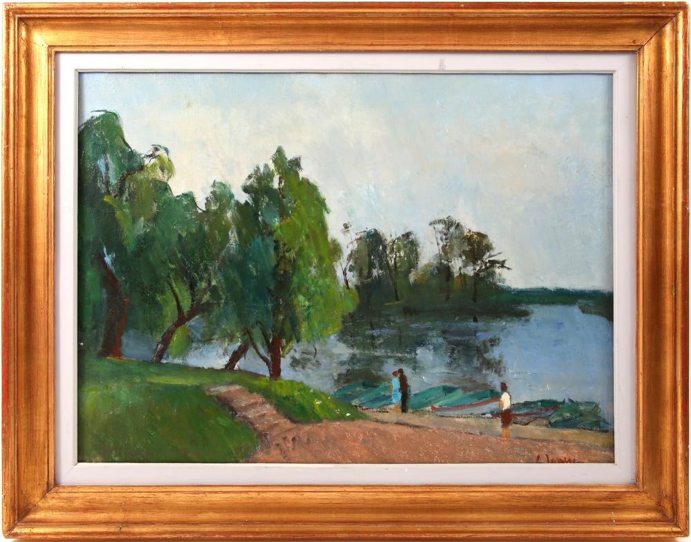 Gheorghe Ionescu comparable auction result: gheorghe ionescu landscape with pier oil on canvas