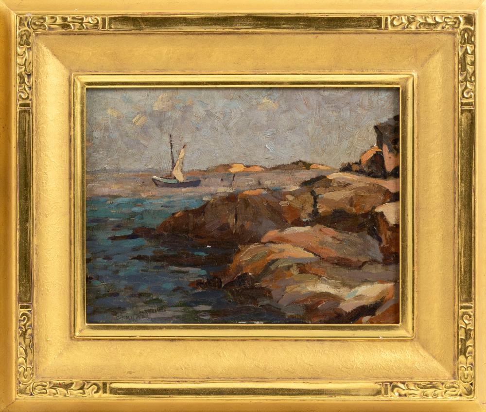 Gershon Camassar comparable auction result: gershon camassar connecticut 1908 1995 rocky coastline and sailboat oil on board 9 x 12 framed 15 x 18