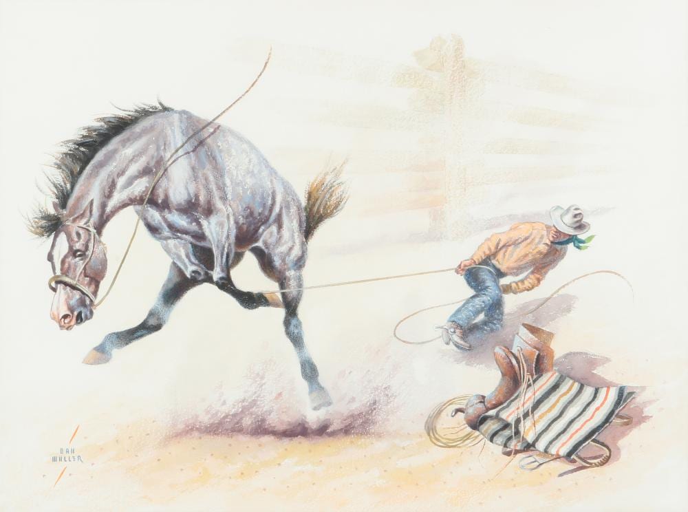 dan muller american 1889 1977 hold im cowboy watercolor on paper 16 1 2 x 22 1 2in 42 x 57cm · Andrew Jones Auctions · 2021-01-12 Dan Muller comparable auction result: dan muller american 1889 1977 hold im cowboy watercolor on paper 16 1 2 x 22 1 2in 42 x 57cm