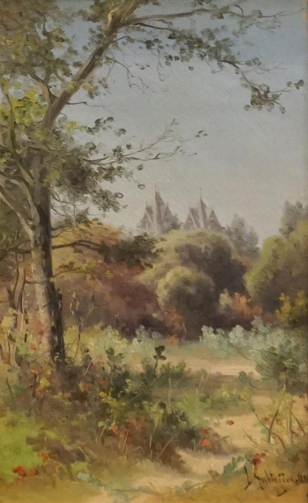 Georgina Martha de L'Aubiniere comparable auction result: georgina martha de l aubiniere canadian 1848 1930 landscape spires in the distance oil on canvas frame 17 1 2 x 14 1 2 in