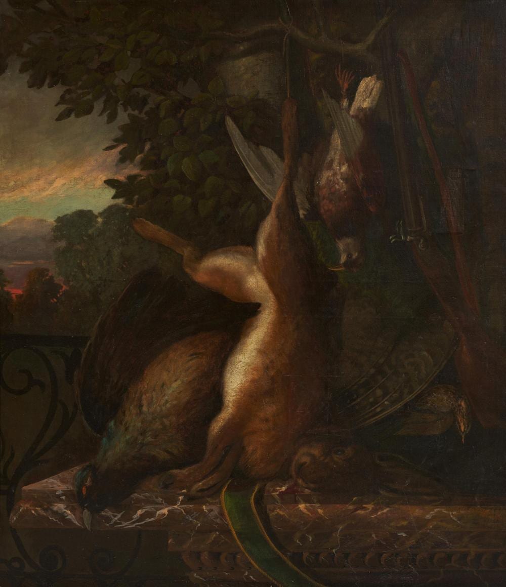 Jan (1640) Weenix comparable auction result: jagdstillleben mit erlegtem wild vor landschaftshintergrund