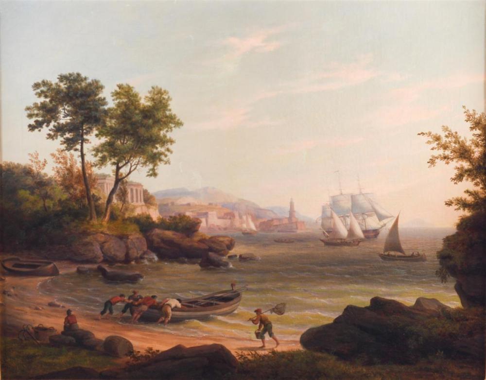Edmund C. Coates comparable auction result: edmund c coates american 1816 1871 coastal scene with fishermen in the foreground and classical buildings in the background oil
