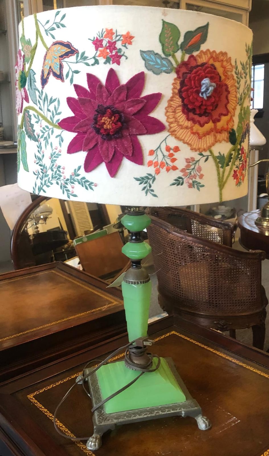 Arthur Nelson Green comparable auction result: art deco design green glass table lamp with typical art deco lines and unique embroidered floral shade