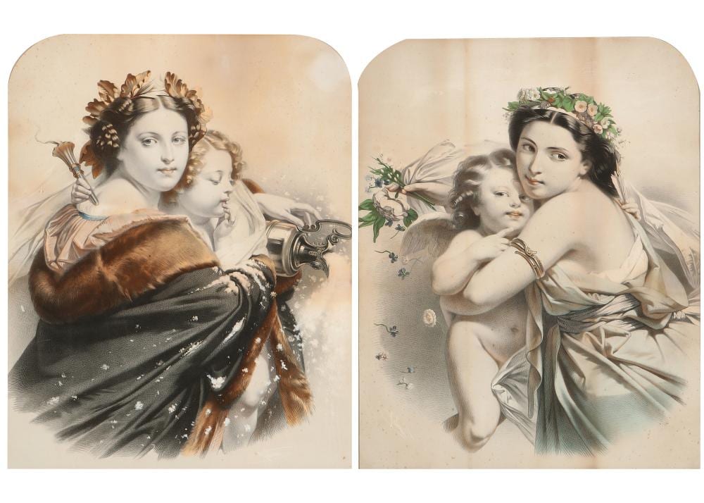 bernard romain julien french 1802 1871 winter and spring from the four seasons series hand colored lithographs on wove paper 24 x 19in 61 x 48cm · Andrew Jones Auctions · 2021-01-27 Bernard Romain Julien comparable auction result: bernard romain julien french 1802 1871 winter and spring from the four seasons series hand colored lithographs on wove paper 24 x 19in 61 x 48cm