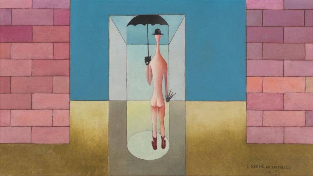 Paul Dufrane comparable auction result: paul dufrane 1922 1999 homme au parapluie 1973 huile sur bois sign et titr