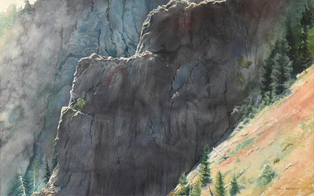 Merrill Dean Mahaffey comparable auction result: merrill dean mahaffey american b 1937 a painting afternoon by the rocky formation with evergreens