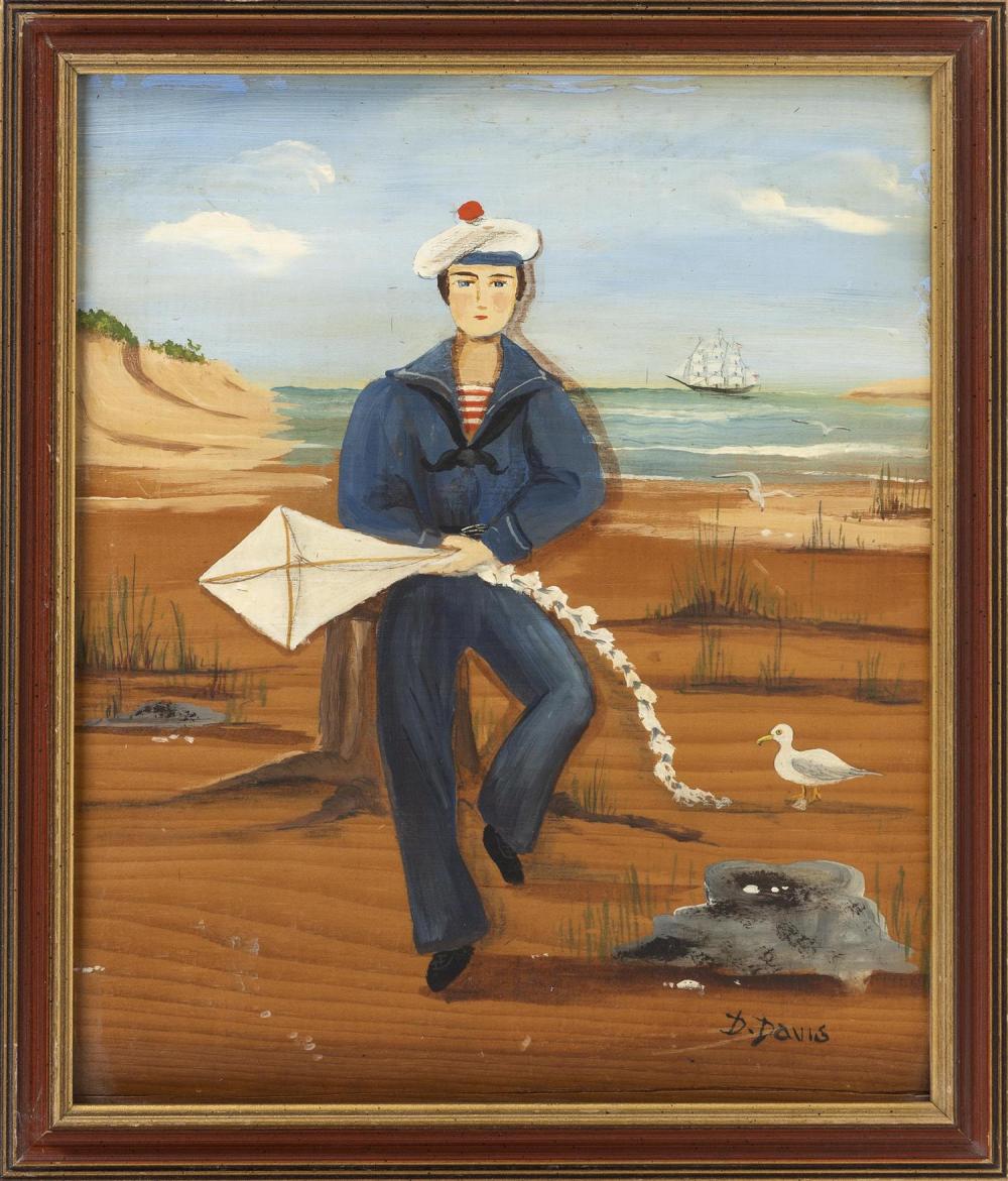 dorothy davis massachusetts 1910 1991 a sailor onshore holding a kite signed lower right d davis oil on wood panel 13 75 x 11 5 framed 15 x 13 · Eldred's · 2021-02-11 Dorothy Davis comparable auction result: dorothy davis massachusetts 1910 1991 a sailor onshore holding a kite signed lower right d davis oil on wood panel 13 75 x 11 5 framed 15 x 13