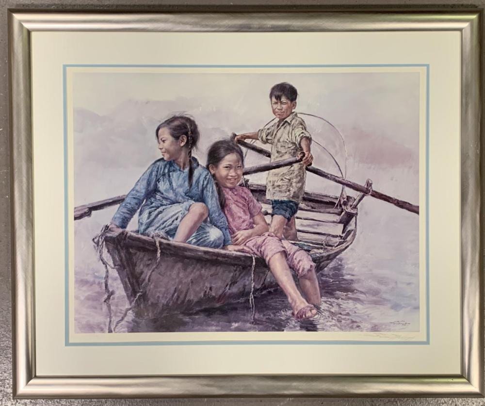 Ming Wai comparable auction result: ming wai signed lithograph 3 children in sampan